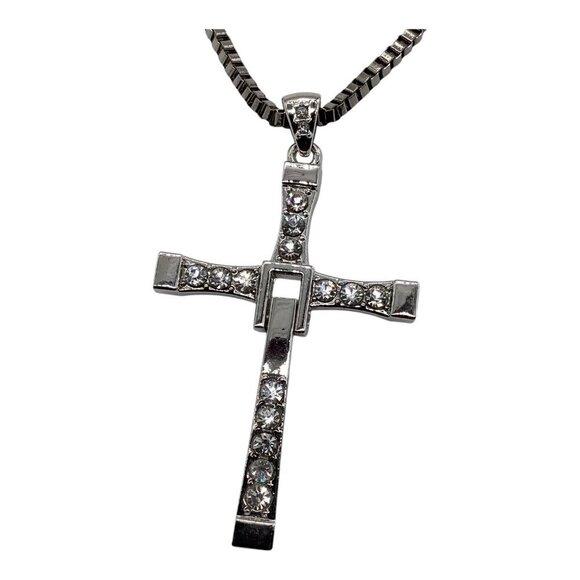 Men’s Rhinestone Cross Pendant Necklace Silver Box Chain - Picture 10 of 16